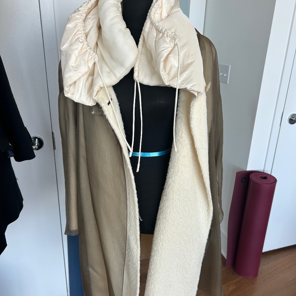 Akris Switzerland Rare Layered Drawstring Coat Ivory Brown Alpaca Silk Wool 38 6